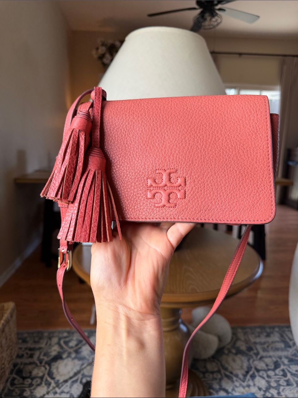 Tory Burch Coral Pink Pebbled Leather Tassel Crossbody